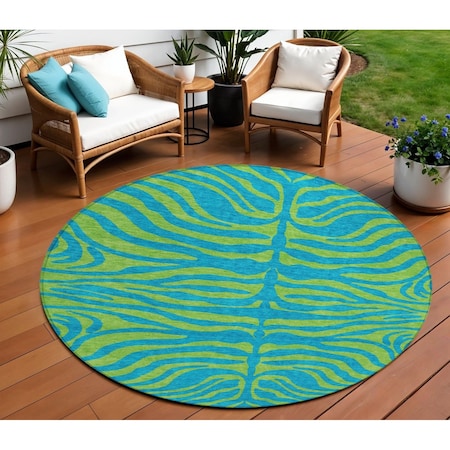 Homeroots 8' Teal Blue And Green Round Animal Print Washable Indoor Outdoor Area Rug 600710