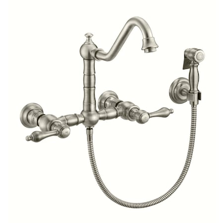 Whitehaus Collection Vintage III Plus Wall Mount Faucet with a Long Traditional Swivel Spout, and Solid Brass Side Spray WHKWLV3-9402-NT-BN