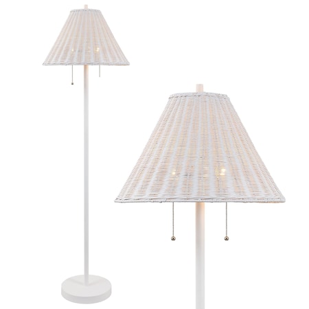 Jonathan Y Nando 61" 2-Light Coastal Bohemian Iron/Rattan LED Floor Lamp with Pull-Chain, White JYL3092B