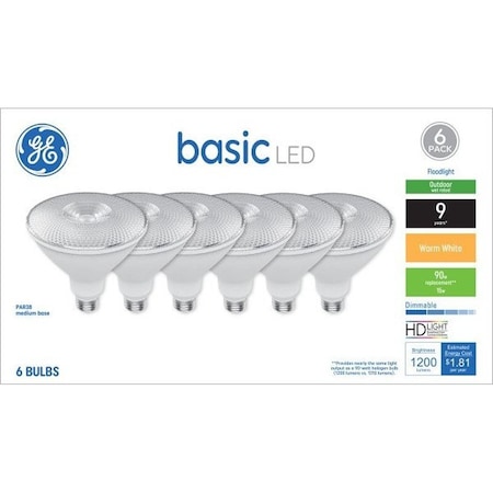 Ge LED Light Bulb, Spot and Flood, PAR38 Lamp, 90 W Equivalent, Yes, Opaque, 6PK 46993