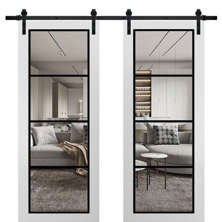 Sartodoors Sturdy Double Barn Door with Clear Glass, Lucia 2466 White Silk and Aluminum Strips, 13FT Rail Han LUCIA2466DB-WS-36 x 96