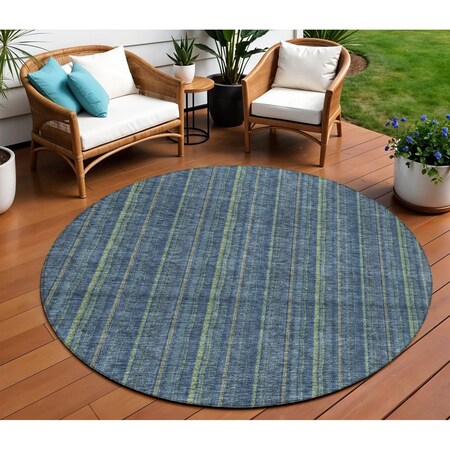 Homeroots 8' Blue Denim Blue And Mint Green Round Striped Washable Indoor Outdoor Area Rug 615039