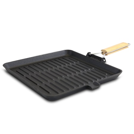 General Store Addlestone 11 Inch Pre-Seasoned Cast Iron Grill Pan with Foldable Wooden Handle 124974.01