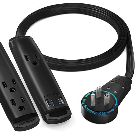 Maximm 3ft 3-Outlet 360 degrees Flat Plug Extension Cord w/ USB Ports, UL, Black ADW-360-C203-B