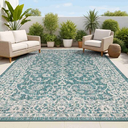 Jonathan Y Palazzo Vine and Border Textured Weave Teal/Gray 3 ft. x 5 ft. Indoor/Outdoor Area Rug SMB103B-3