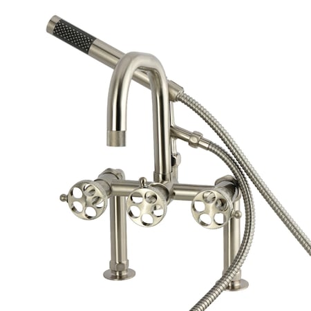 Kingston Brass 7" Center Deck-Mount Clawfoot Tub Faucet with Knurled Handle and Hand Shower, Brushed Nickel AE6008RKX