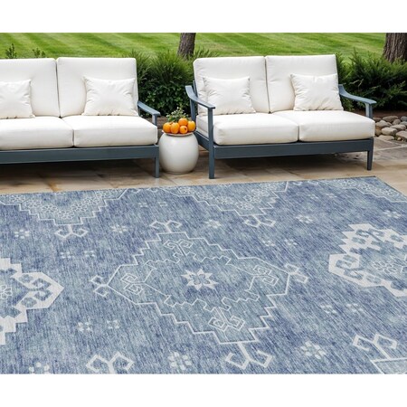 Homeroots 9' X 12' Navy Blue And Denim Blue Medallion Washable Indoor Outdoor Area Rug 589036