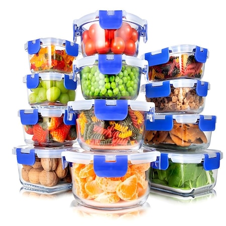 Serenelife 24 Piece Glass Storage Containers with Lids, Glass Meal Prep Container Set for Lunch, Blue, 24PK SLGL24BL