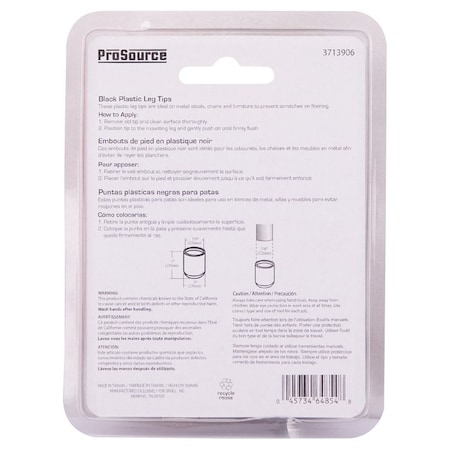 Prosource Furniture Leg Tip, Round, Plastic, Black, 7/8 in Dia, 1 in H FE-50604-PS