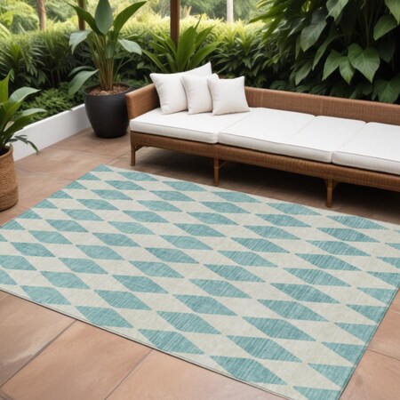 Homeroots 9' X 12' Teal Blue And Ivory Geometric Washable Indoor Outdoor Area Rug 577131