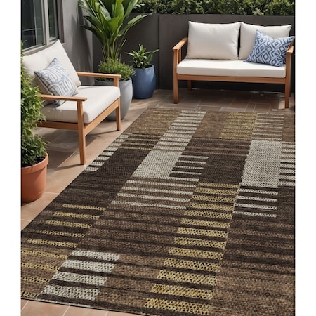 Homeroots 5' X 8' Chocolate Ivory And Gold Striped Washable Indoor Outdoor Area Rug 613158