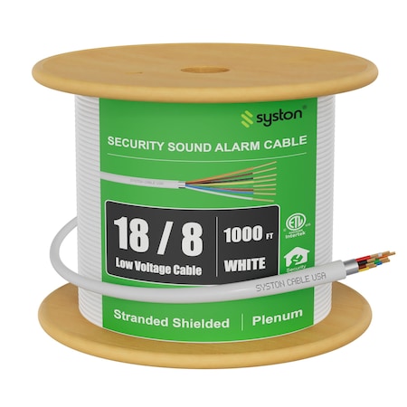 Syston Cable Technology 18/8 Fire Alarm Security Cable Wire, 100% Stranded Copper, Plenum CMP Shielded, Low Voltage, 1000 ft 5748-1000WH