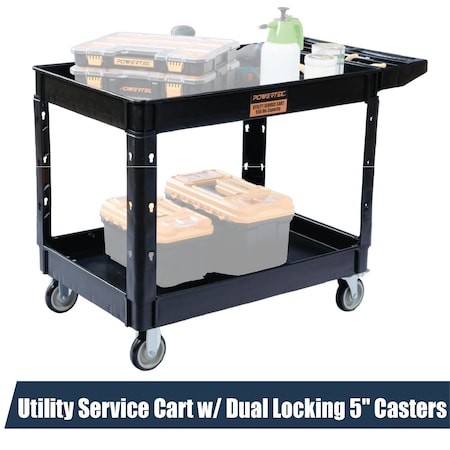 Powertec Utility Service Cart, 2 Shelf 550 lb Heavy Duty Rolling Cart with Dual Locking 5" Casters 72414