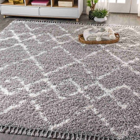 Jonathan Y Mercer Shag Plush Tassel Moroccan Tribal Geometric Trellis Gray/Ivory 4 ft. x 6 ft. Area Rug MCR102C-4