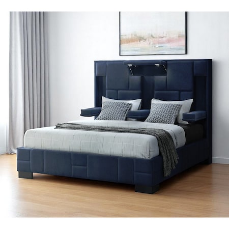 Homeroots Navy Blue Tufted Upholstered Lighted King Bed Frame 564740