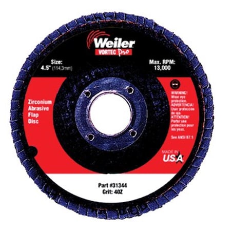 Weiler 4-1-2 Inch Vortec Abrasive Flap Disc 80Z 5-8 Inch-11A.H. 804-31352