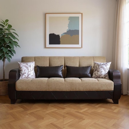 Homeroots 89" Brown Microfiber And Faux Leather Convertible Futon Sleeper Sofa And Toss Pillows With Storage 607180