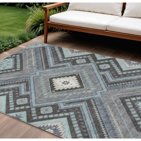 Homeroots 10' X 14' Pewter Charcoal And Sky Blue Tribal Washable Indoor Outdoor Area Rug 598153