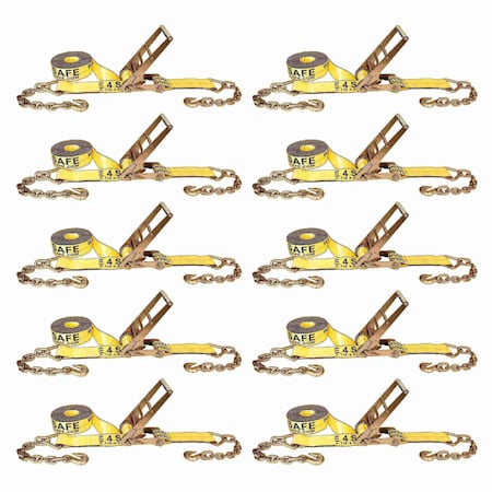 Tie 4 Safe 3'' x 30' Ratchet Strap w/ Chain Extension. WLL: 5,400 LBS Yellow, 10PK RT20R-1530-F87-Y-10