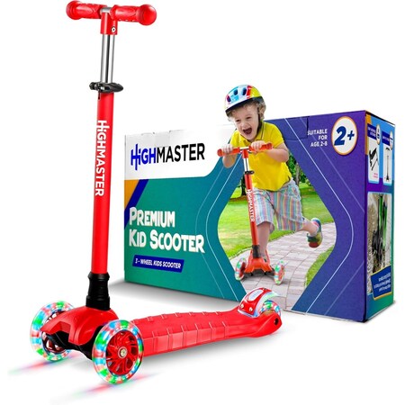 Highmaster Kids 3-Wheel Kick Scooter with LED Light-Up Wheels, Adjustable Handlebar, Indoor and Outdoor Fun HMKSRED