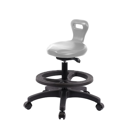 Blue Ridge Ergonomics Poly Serpent Sit-Stand Stool - Medium Bench Height with Black Foot Ring & Casters in Gray Poly PSPMBSO-RG-BF-RC-GRY
