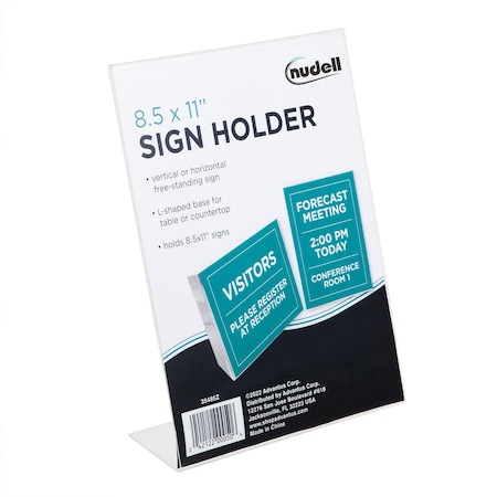 Nudell Sign Holder, Stand-up Slanted, Clear Plastic, 8.5x11 in 35485Z