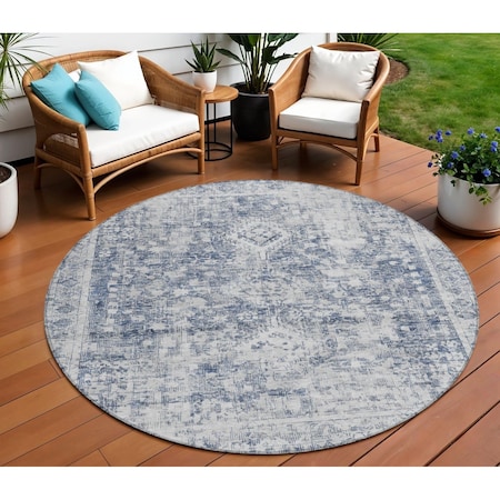 Homeroots 8' Navy Blue Round Oriental Washable Indoor Outdoor Area Rug 607610