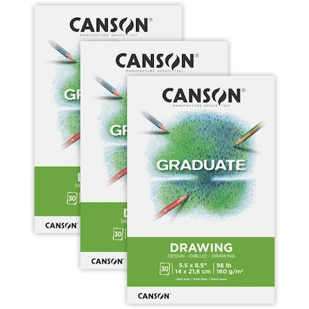 Canson Graduate Drawing Pad, Foldover Binding, 30 Sheet, 5.5x8.5 inch, 3PK C525008005