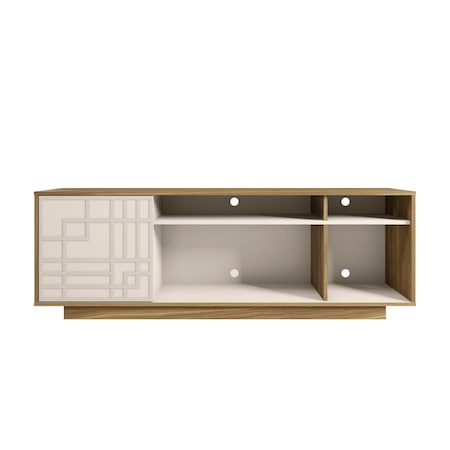Homeroots 63in Oak And White Carved Geometric Wood Enclosed and Open Storage TV Stand 724163