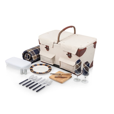 Picnic Time Family Of Brands Pioneer Picnic Basket, Beige Canvas with Navy Blue & Brown Accents 346-76-916-000-0
