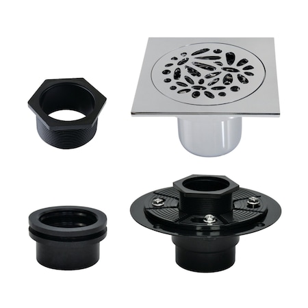 Kingston Brass 4" Brass Square Grid Shower Drain with Hair Strainer and Base Flange, Polished Chrome BSFK6360C