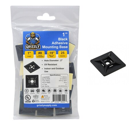 Grizzly Supply Adhesive Cable Tie Mounts, 1 in Sq, Nylon 6/6, .2 in Slot Wd, UV Resistant, Black, 25PK GS-CM100-0Q