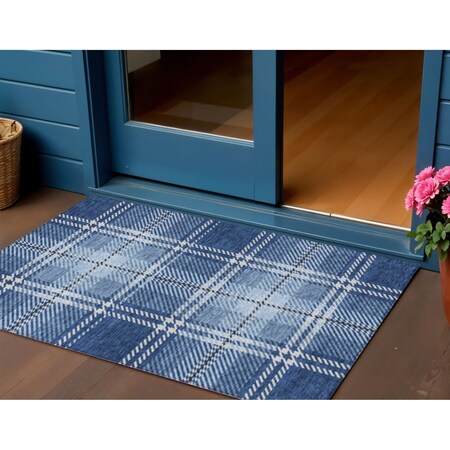 Homeroots 3' X 5' Navy Blue Black And Ivory Plaid Washable Indoor Outdoor Area Rug 596345