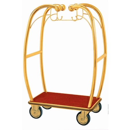 Aarco Curved Bellman's Luggage Cart, All Welded Construction, Brass Finish, 6 in Pneumatic Wheels, Red Carpet Bed and Bumper Guards, 47.25 in L x 25.5 in W x 73 in H BEL-101B