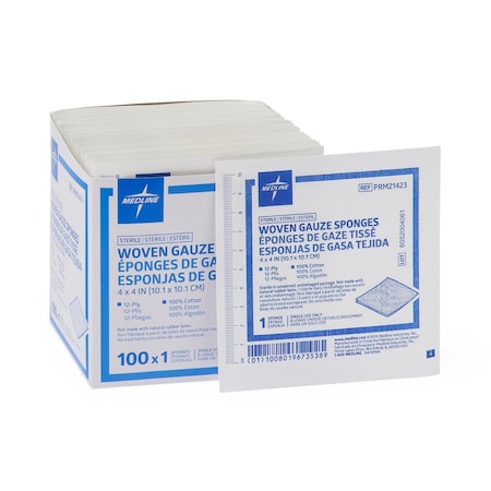 Medline Woven Sterile 12-Ply Gauze Sponges, 4in x 4in, 1200PK PRM21423
