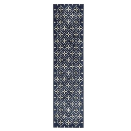 Homeroots 8' Ivory And Navy Blue Geometric Indoor Outdoor Runner Rug 572794