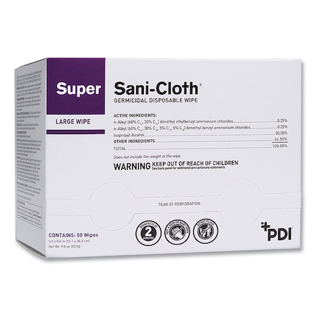 Sani Professional Super Sani-Cloth Germicidal Disposable Wipes, Large, 1-Ply, 5 x 8, Unscented, White, 50PK H04082
