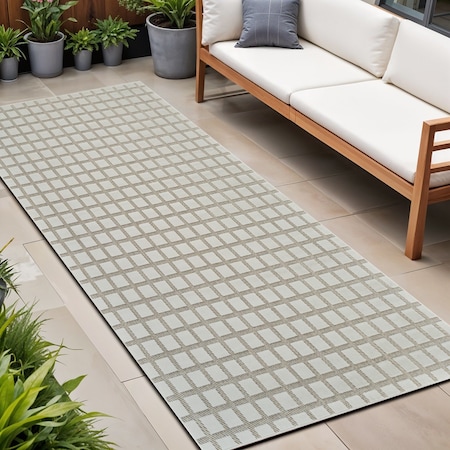 Homeroots 8' Cream and Beige Geometric Distressed Indoor Outdoor Runner Rug 558793