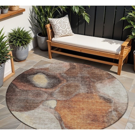 Homeroots 8' Coffee Copper And Beige Round Abstract Washable Indoor Outdoor Area Rug 605833