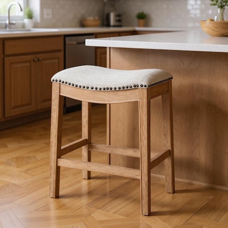 Homeroots 26" Beige and Natural Fabric and Solid Wood Backless Counter Height Bar Chair 632358