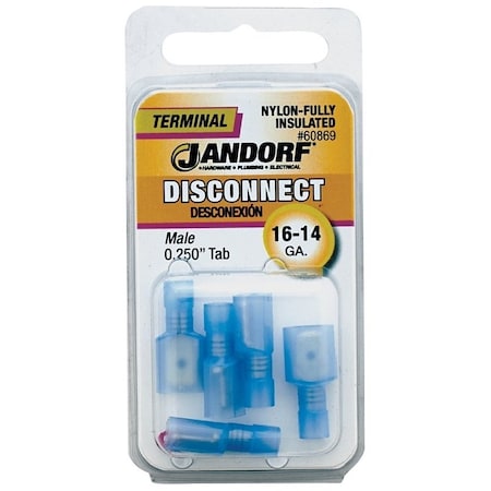 Jandorf Disconnect Terminal, 16 to 14 AWG Wire, Nylon Insulation, Copper Contact, Blue, 5PK 60869