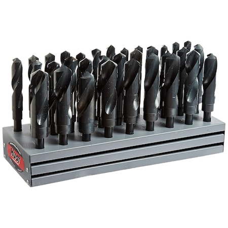 Drill America 33 Piece HSS Black Oxide Reduced Shank HSS Drill Bit Set, 1/2" - 1", Metal Stand DWD833SD-SET