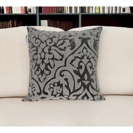 Homeroots 18" Gray and Silver Damask Velvet Throw Pillow With Beads 529341