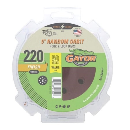 Gator Sanding Disc, 5 in Dia, 220 Grit, Extra Fine, Aluminum Oxide Abrasive, Vented 4340