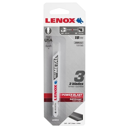 Lenox Jig Saw Blade, 3/8 in W, 3-5/8 in L, 18 TPI, 3PK 1991565