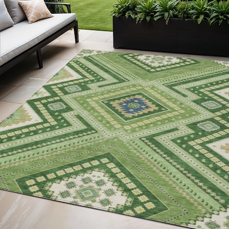 Homeroots 5' X 8' Green Ivory And Beige Tribal Washable Indoor Outdoor Area Rug 598119