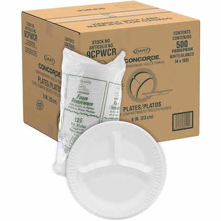 Dart 9CPWCR, 3-Comp Foam Plate, 9" Dia., White, 500/Carton 9CPWCR