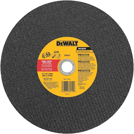 Dewalt Abrasive Cut-Off Wheel, Type 1, 12 in Dia, 0.125 in Thick, 20 mm Arbor Hole Size, Aluminum Oxide DW8023