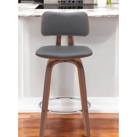 Homeroots 26" Gray And Wood Brown Faux Leather Swivel Low Back Counter Height Bar Chair 534430