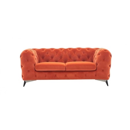 Homeroots 74in Orange And Silver Velvet Chesterfield Loveseat 489288